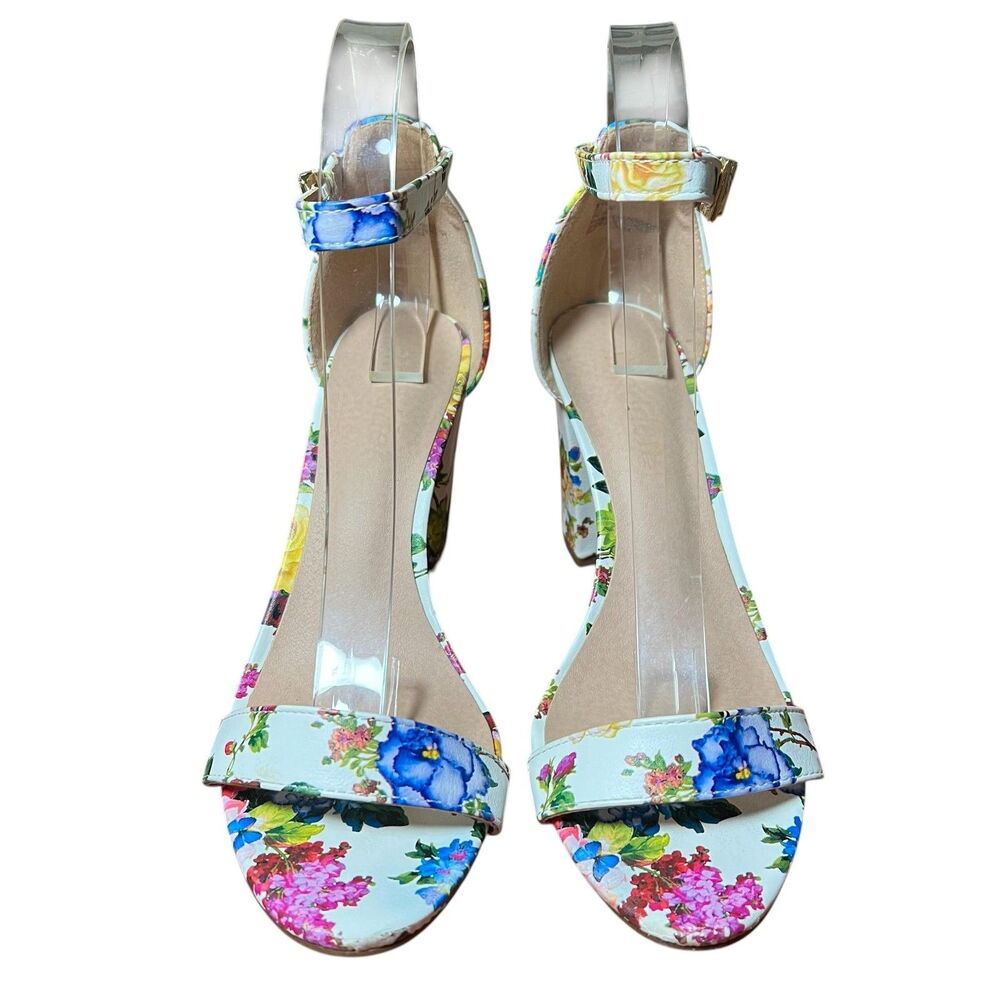 Madden Girl Heeled Sandals Women's Sz 7.5 White Floral Brigid Ankle Strap Spring - Picture 4 of 13